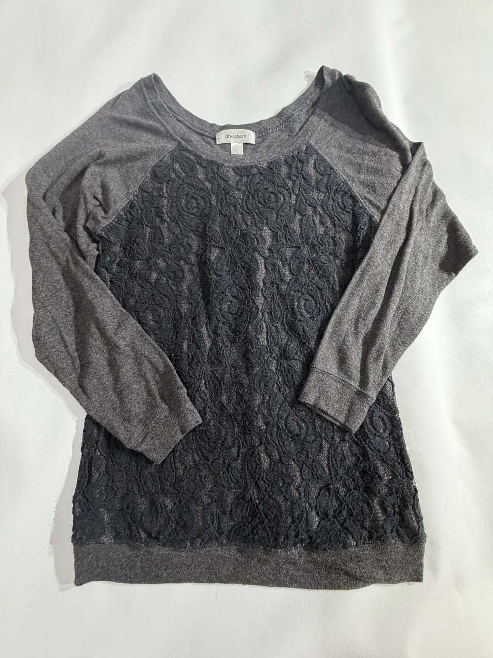 Dressbarn Gray Long Sleeve Lace Front Overlay Top Womens S